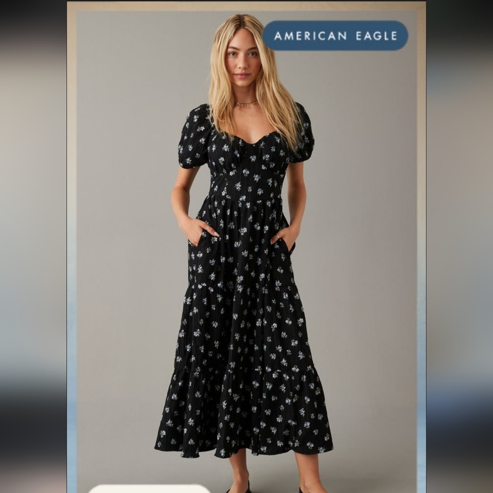 American Eagle Outfitters Black Floral Puff-Sleeve Maxi Dress